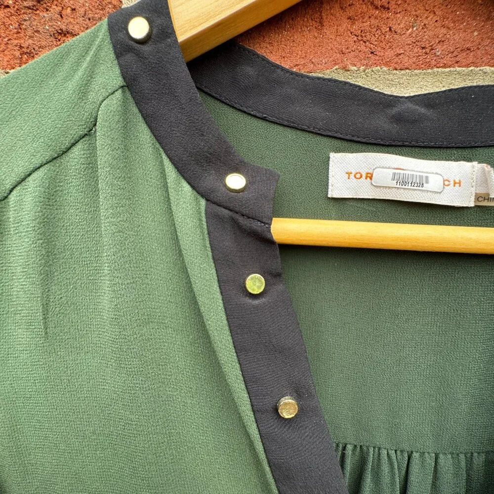 VTG Tory Burch Blouse Size 4 Sheer Green Silk Black Trim Gold Stud Detail